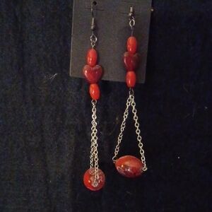 Hand Crafted Red Dangle Earrings with Silver Chains